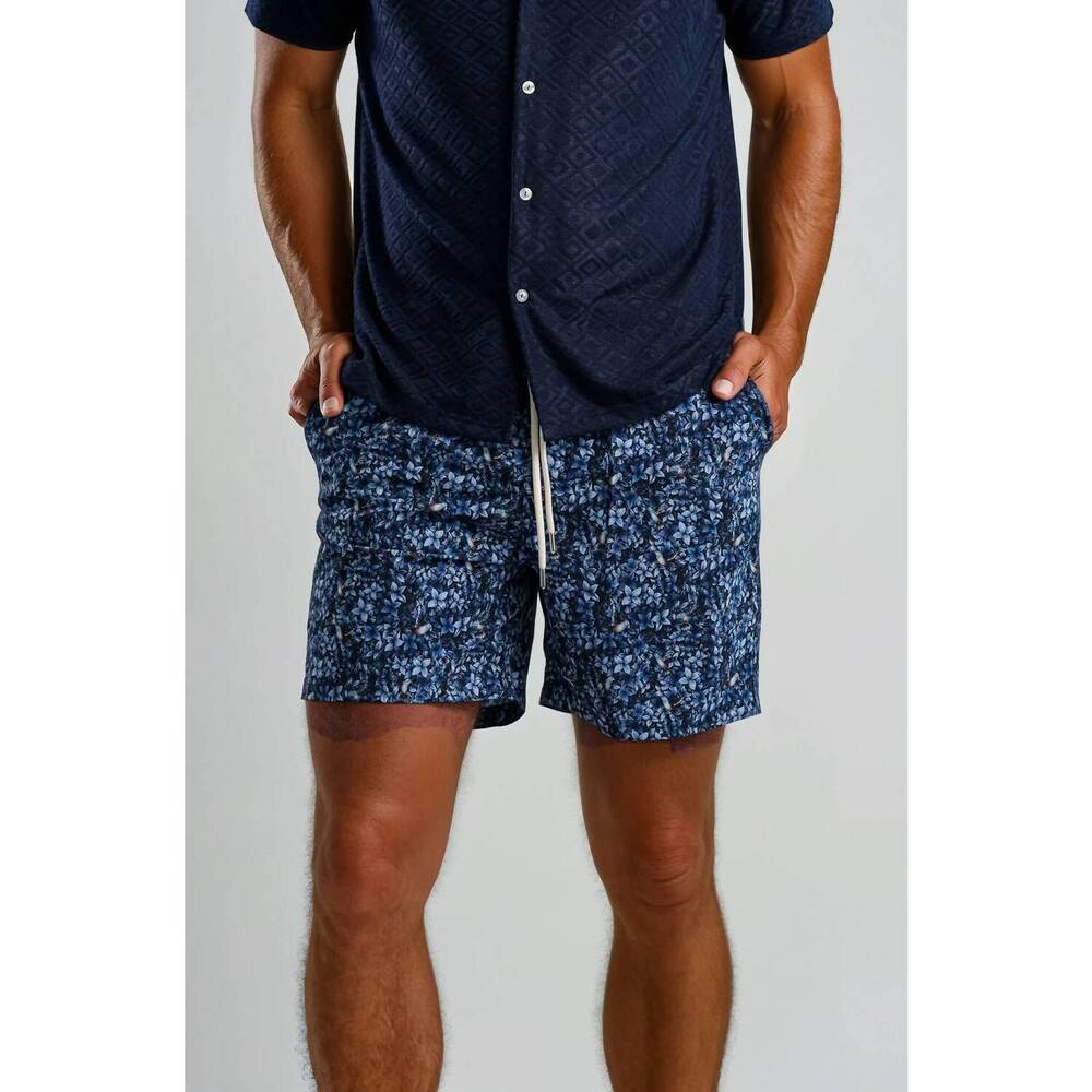 NEW STONE ROSE helios stretch flight & flora swim shorts in dark denim